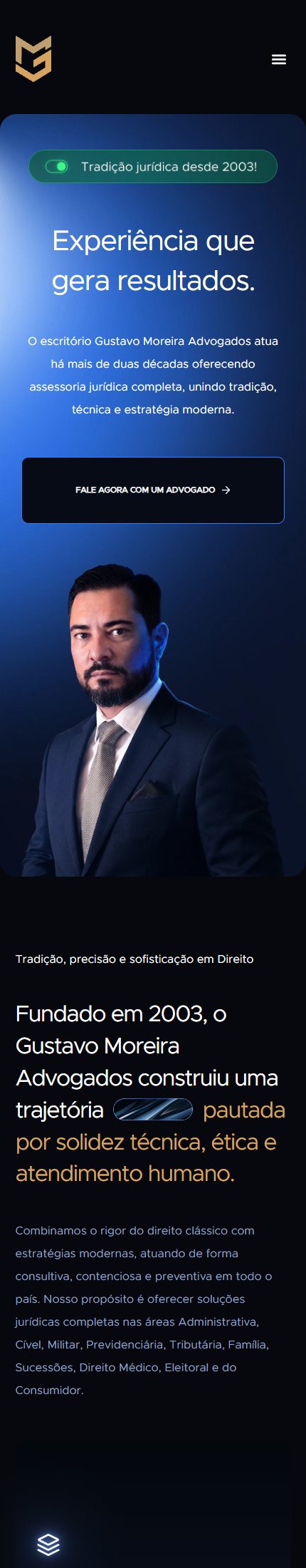 Site Gustavo Moreira Advogados em celular, com rolagem da página