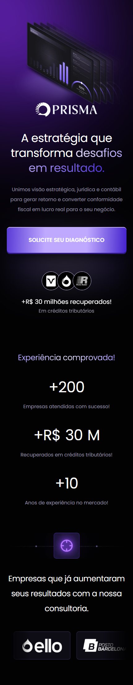Site PRISMA em celular, com rolagem da página